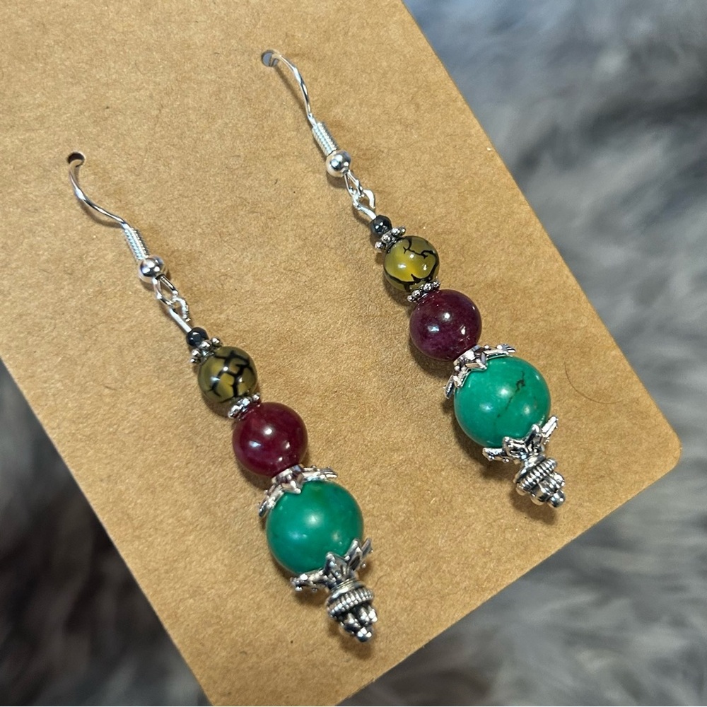Handcrafted genuine stone garnet dragon vein howlite faceted hematite earrings